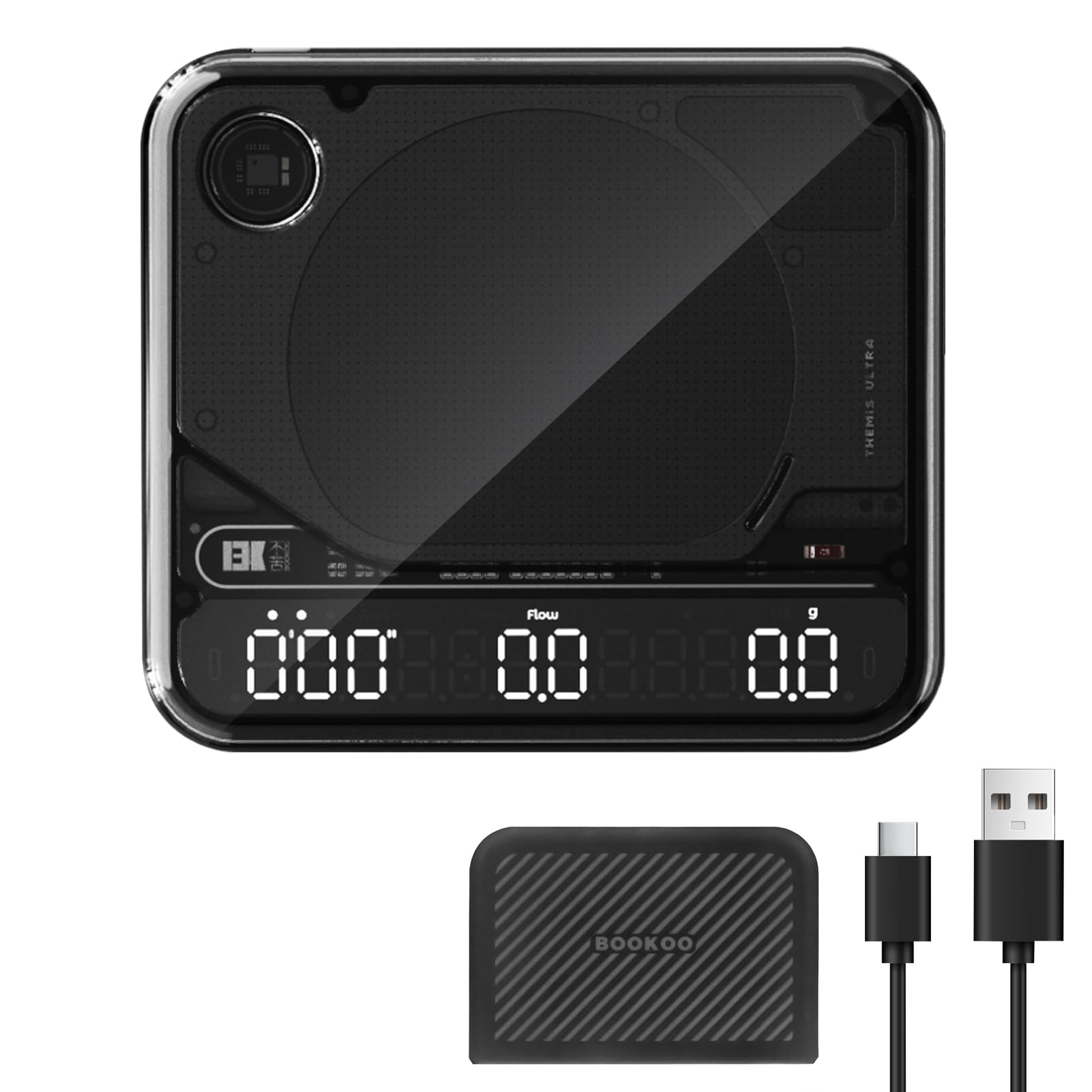 Photo 1 of BOOKOO Themis Ultra Coffee Scale Espresso Scale with Flow Rate Ratio Auto Weight Mode Smart Bluetooth Digital Scale with APP for Espresso, Pour Over Rechargeable Coffee Bean Scale Waterproof Black