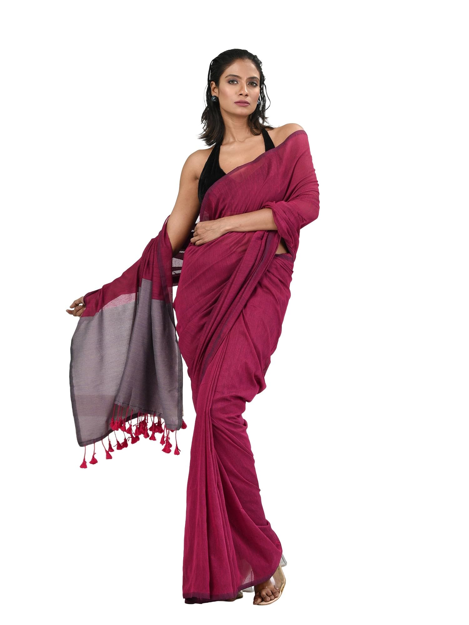 Magenta Cotton Soft Saree With Solid Pattern-image-1