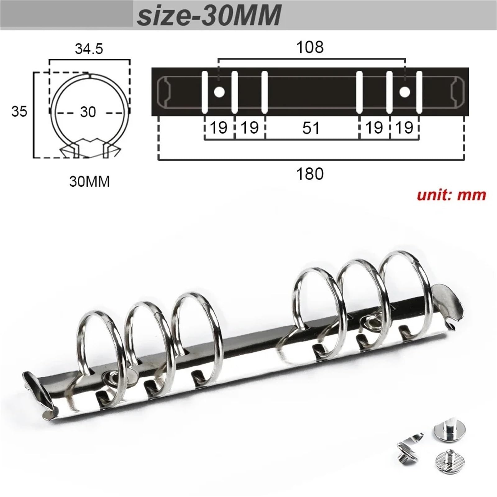 Meccanismo for raccoglitore ad anelli Confezione da 4 viti con clip for raccoglitore ad anelli a spirale in metallo for cartella di diario | Silver 30MM