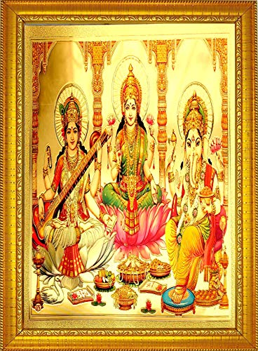 Image of ADA Handicraft Maa Lakshmi Ganesh Saraswati Devi Wood Pooja Photo Frame (35 x 25 cm, Multicolour)