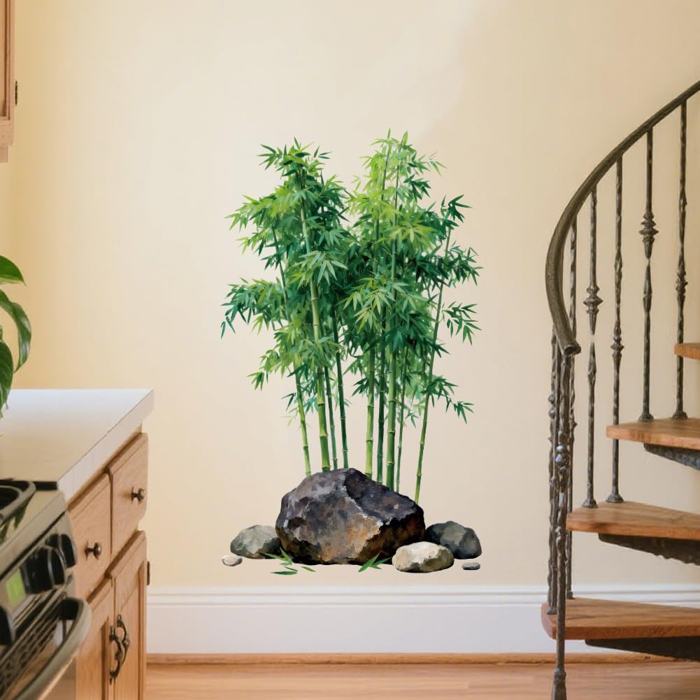 Peacoblue Calcomanías de pared de bambú y piedra, removibles para despegar y pegar, 1 hoja de murales de vinilo de 15 x 23.6 pulgadas para dormitorio, sala de estar, sala de estar, baño, aula