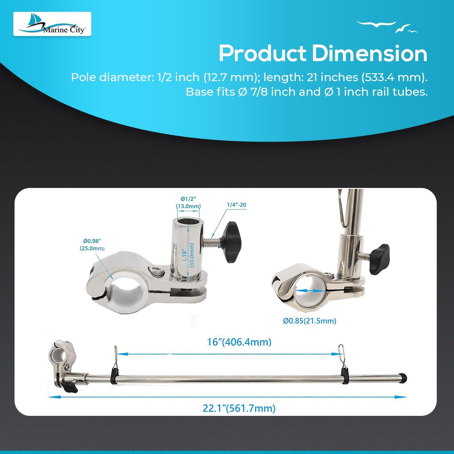 MARINE CITY Rail-Mounted Flag Pole 21-Inch, Rust-Resistant 304 Stainless Steel, Adjustable Flagpole Base for Yachts, RVs, Boats, Marines