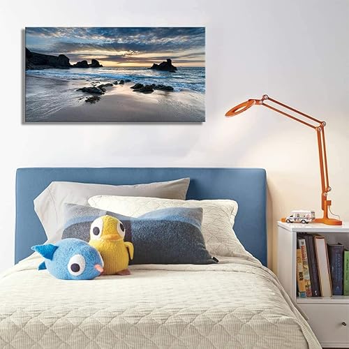 Miniatura 5 de Decoración de pared para sala de estar, lienzo impreso en lienzo con diseño de amanecer por la mañana en la playa, cuadro de paisaje azul