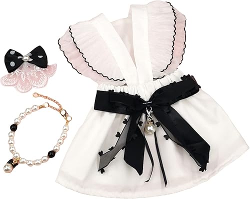 QWINEE Juego de 3 piezas de vestido para perro, lazo y collar, lazo con volantes, vestido de princesa para gato, cachorro, con perlas, collar,