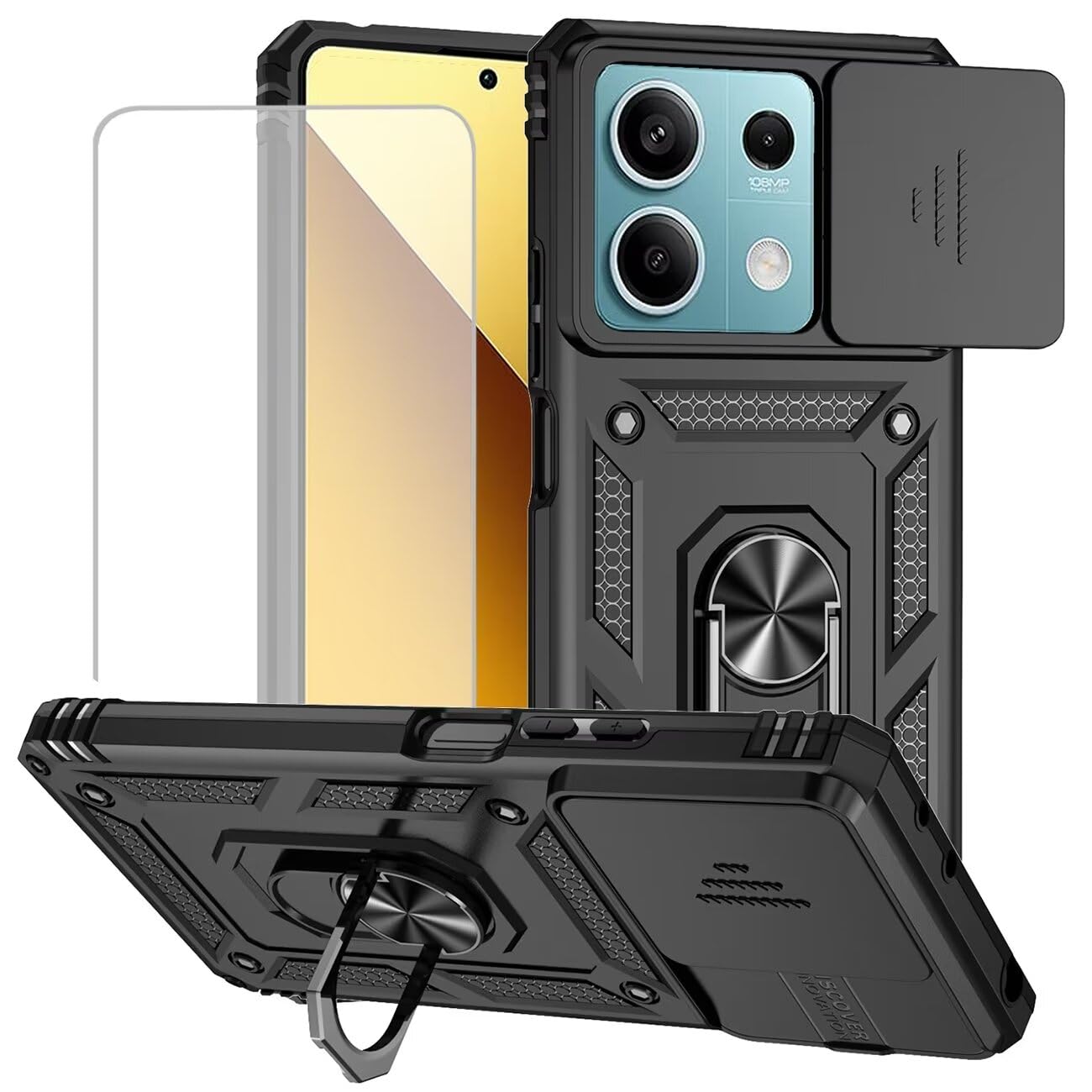 Yodueiv for Redmi Note 13 5G Case, 2312DRAABG with Tempered Glass Screen Protector and Slide Camera Cover, Magnetic Ring Car Mount Holder Kickstand