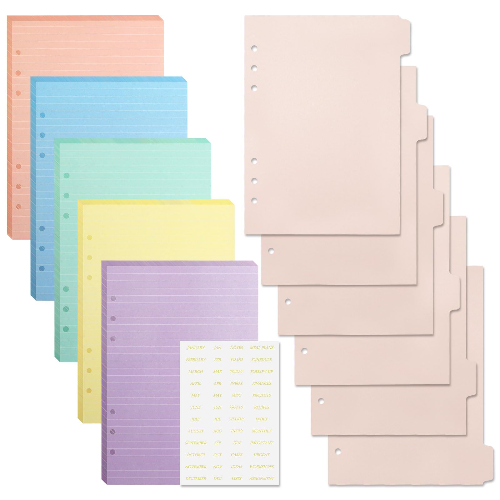 A5 Binder Plastic Divider Set Light Pink Binder Dividers for 6 Ring Binder, 6-Tabs Index Page Dividers with 5 Pack Lined Inner Colorful Papers and Tab
