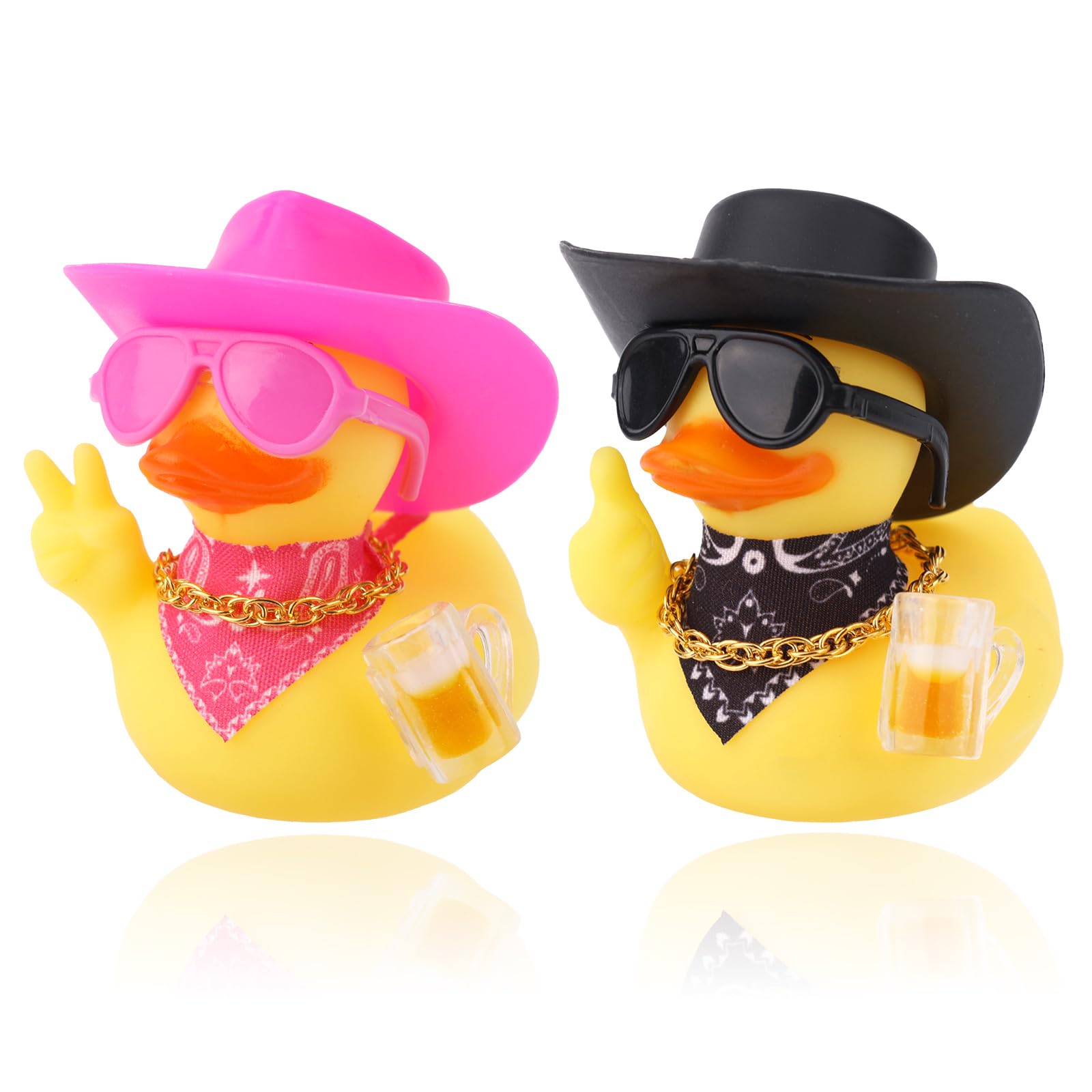 Fukaisu 2pcs Novelty Rubber Ducks, Cool Rubber Ducky with Sunglasses, Necklace, Cowboy Hat