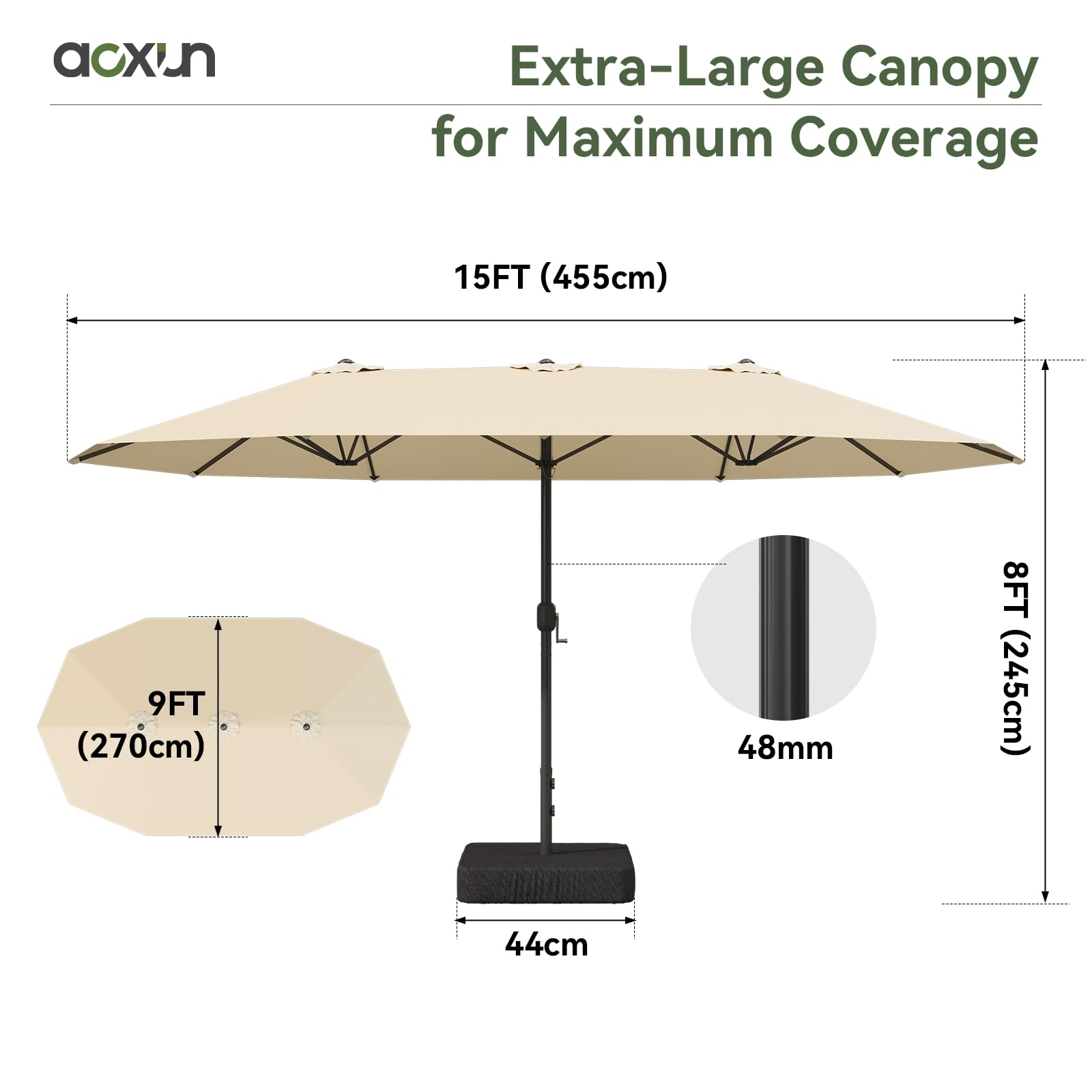 Aoxun Sonnenschirm Mit Basis 455x267 cm UV Schutz Schutzhülle Kurbel Stabil Groß Garten Terrasse Balkon Doppelter Marktschirm Gartenschirm, Parasol Windfest, cremefarben