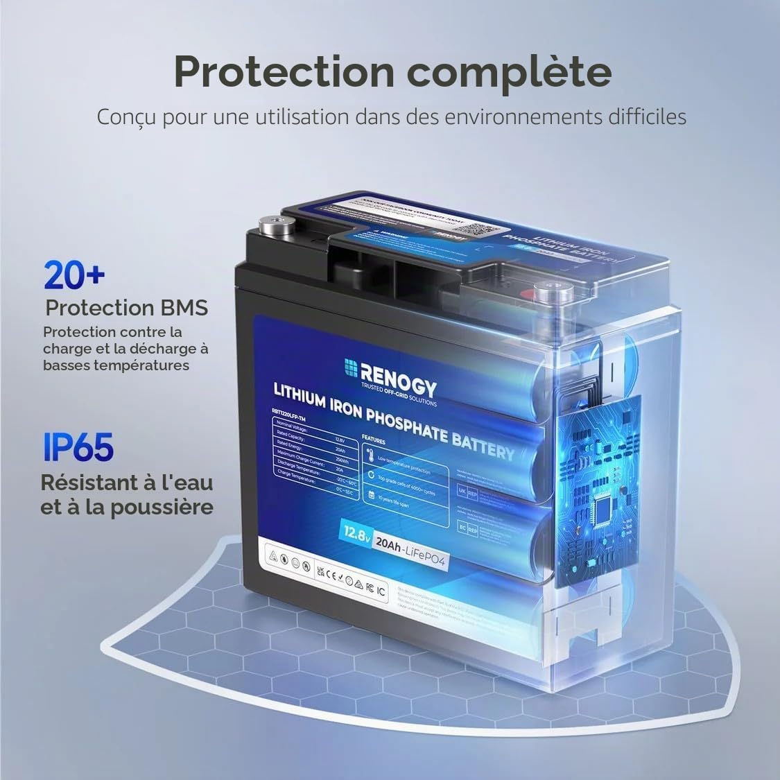 Renogy LiFePO4 Batterie au lithium 12 V 20 Ah avec protection BMS 4000 cycles + cycles de batteries à décharge profonde, batterie solaire 12 V 20 Ah pour moteur de trolling, cabine, marine