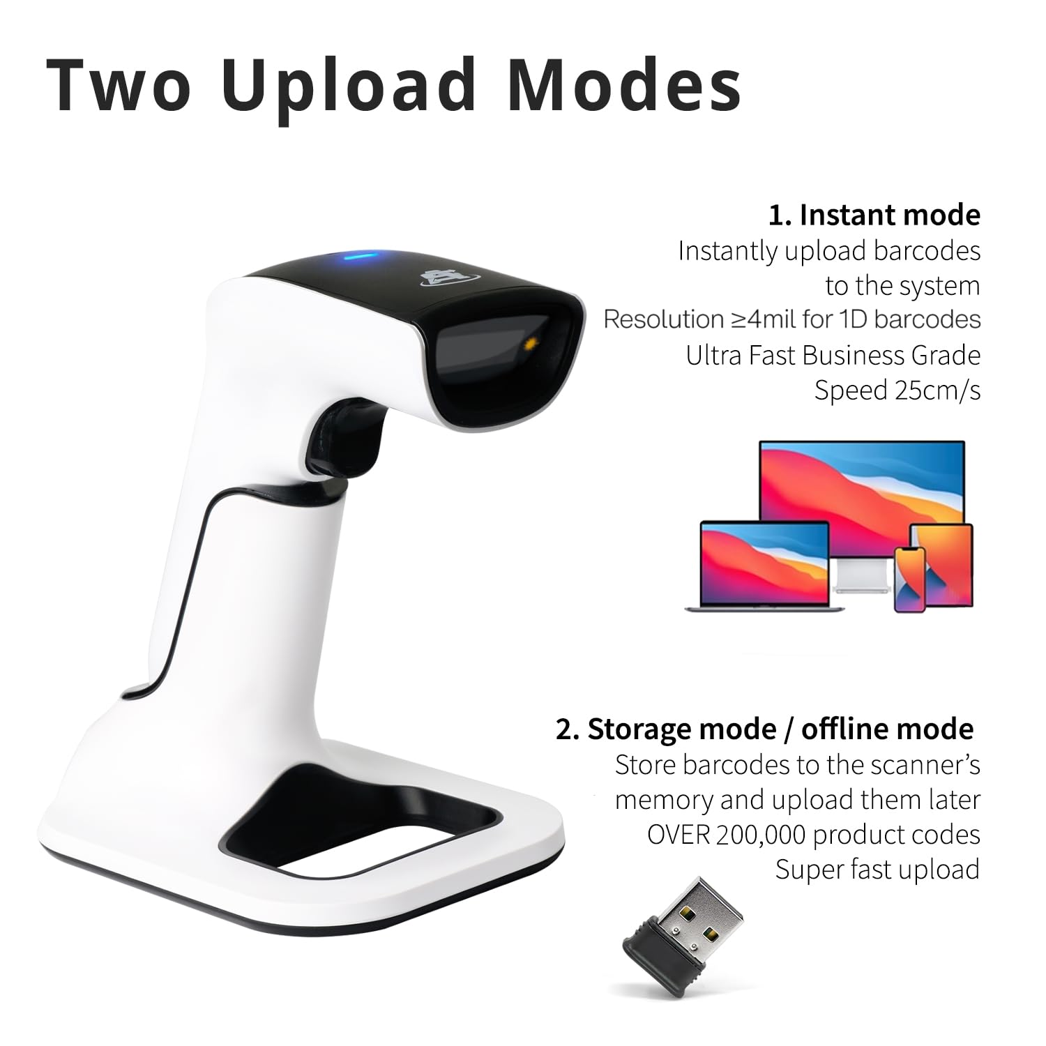 ScanAvenger Portable sans Fil 1D et 2D, Scanner de Code à Barres Bluetooth Vibration, Pistolet de numérisation Rechargeable pour Gestion des Stocks, Lecteur de QR (avec Stand de Nouvelle Génération)