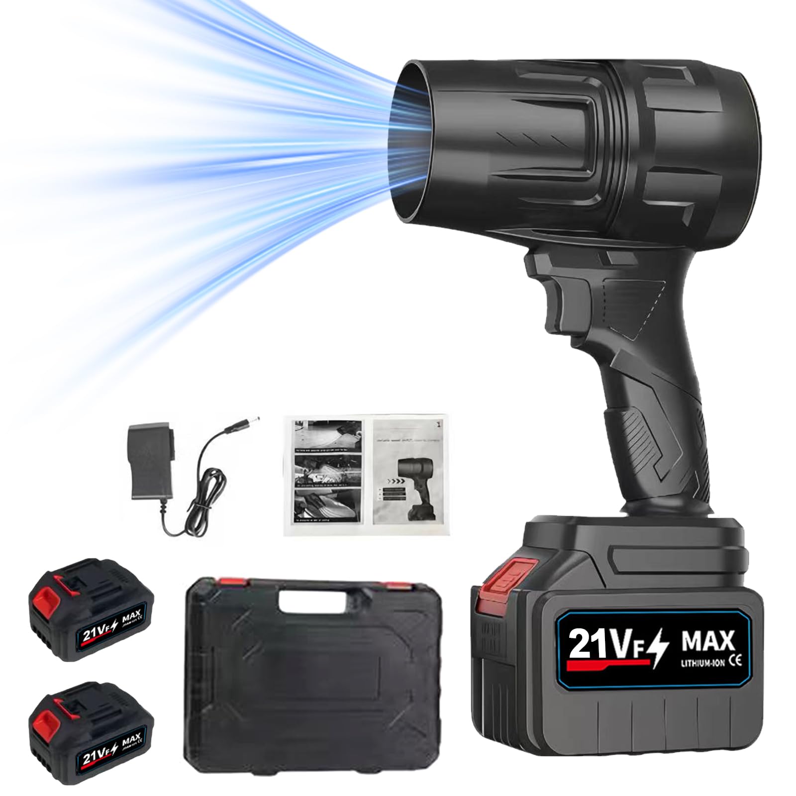 Soplador de Aire para Coche, Soplador de Aire Comprimido con 2 Baterías & Cargador, Turbo Ajustable Soplador, Plumero Portátil de Aire Comprimido para Limpieza del Hogar,Exteriores,Polvo,Hojas,Nieve