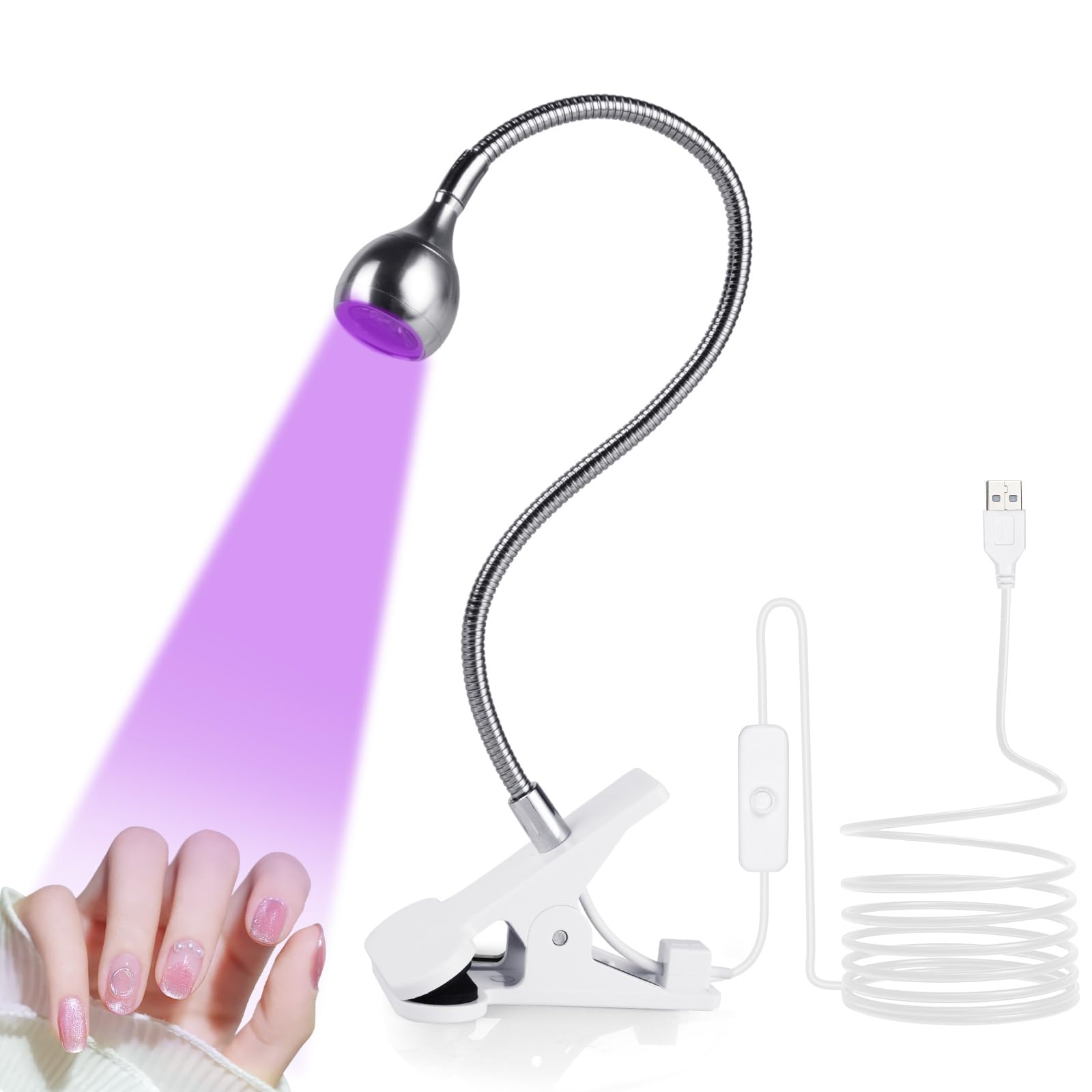 LOPHE Lámpara de Uñas, Secador de uñas UV, 3W USB Lampara Uñas Semipermanentes Giratoria 360° de Gel LED de Cuello de Cisne con Clip e Interruptor, Regalo para Manicura para Mujere