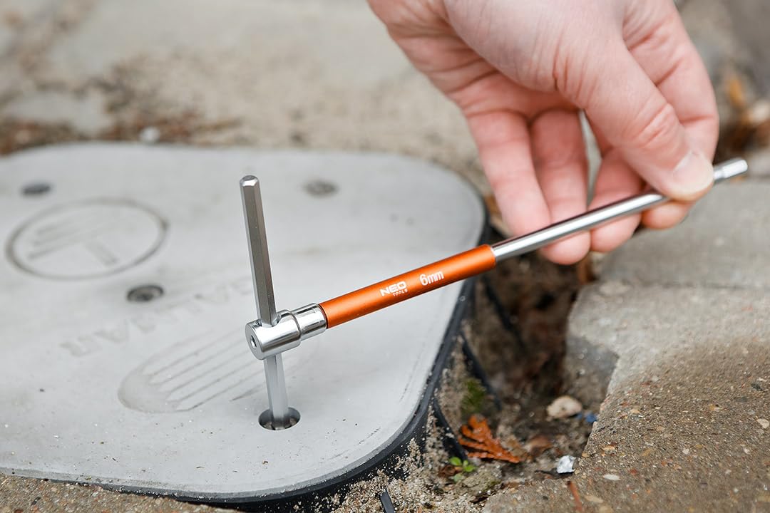 NEO TOOLS 10-teiliges Sechskant-Set, T-Griff Schlüsselsatz | Kombischaftschraubenschlüssel 10 Innensechskantschlüssel (HEX): 2 mm bis 10 mm mit Metallständer