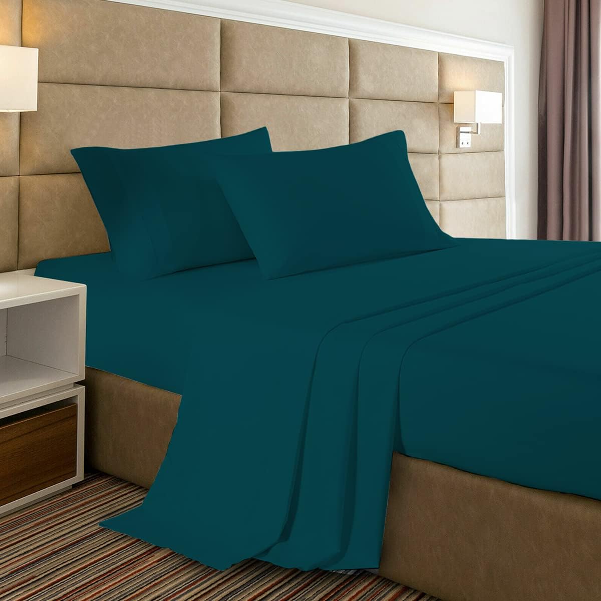 100% Cotton 600 Thread Count 1 Flat Sheet, 1 Fitted Sheet with 18" Deep Pocket and 2 Pillowcase, 4 Piece Simple Solid Pattern Sheet Set (King Size, Teal)