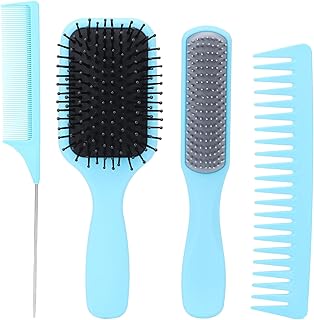 Conjunto de 4 pentes de cabelo para mulheres e homens, pente de cauda, pente de dentes largos, pente de gasbag e nove fileiras de pentes para cabelos molhados ou secos, longos e grossos encaracolados naturais (azul)