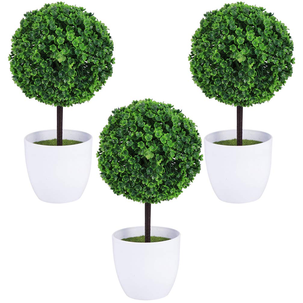 Beavorty 3Pcs Artificial Boxwood Topiary Ball Tree Potted Plants Faux Fake Boxwood Plant Home Decoration Green