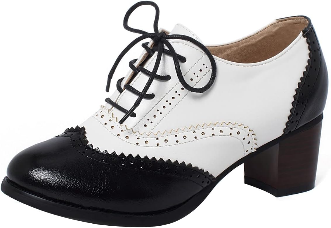 SHEMEE Women's Retro Wingtip Block Heel Lace Up Oxfords Stacked Chunky High Heels Pumps Vintage Round Toe Brogues Dress Shoes - Image 4