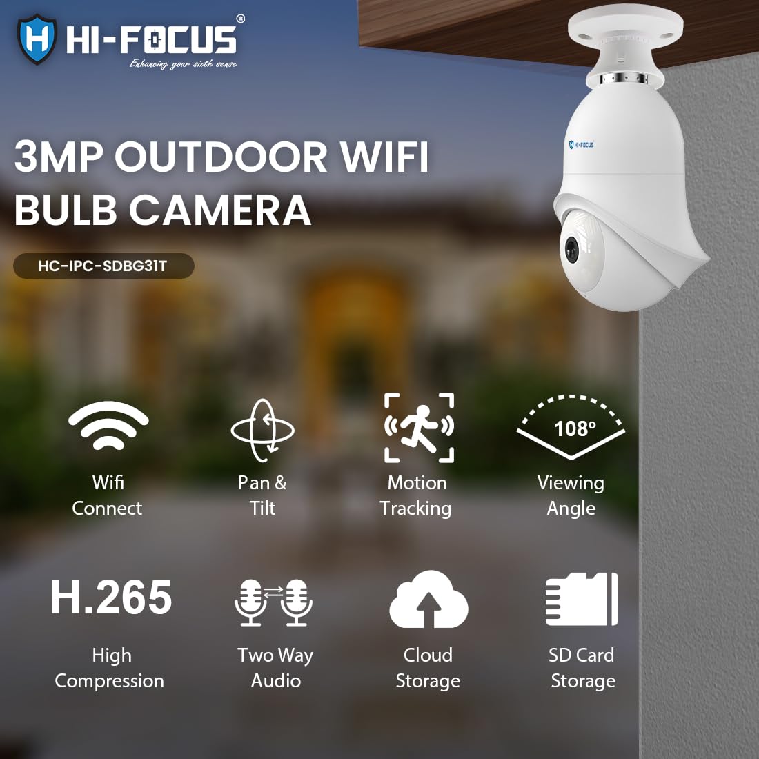 HIFOCUS Cámara de bombilla WiFi PT de 3 MP para exteriores, fácil instalación en soporte, luz dual inteligente, audio bidireccional, conexión inalámbrica, cámara de seguridad panorámica e inclinable