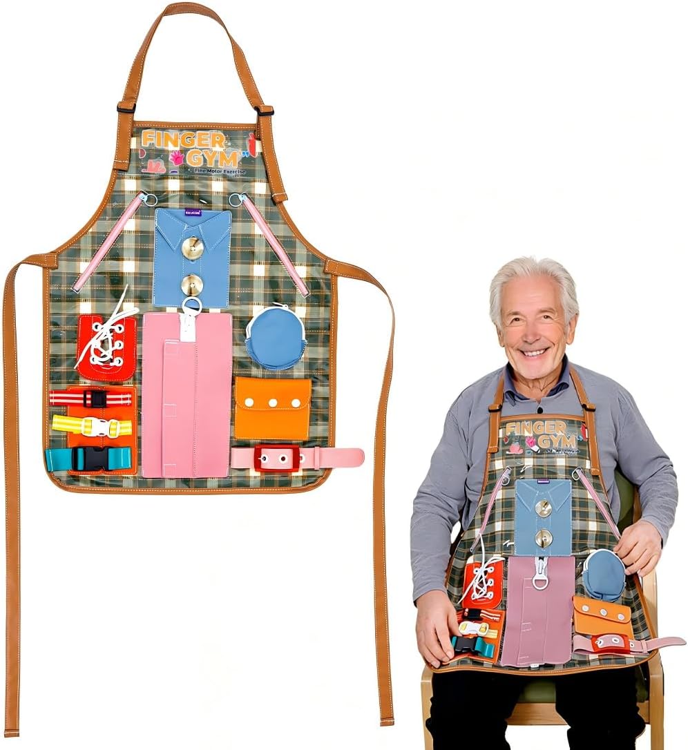 Finger Gym Fidget Long Apron for Adults with Dementia & Alzheimer’s – Wearable Sensory Activity Aid for Seniors – Dignified Memory Care Gift for Restless Hands, Anxiety Relief & Stroke Recovery