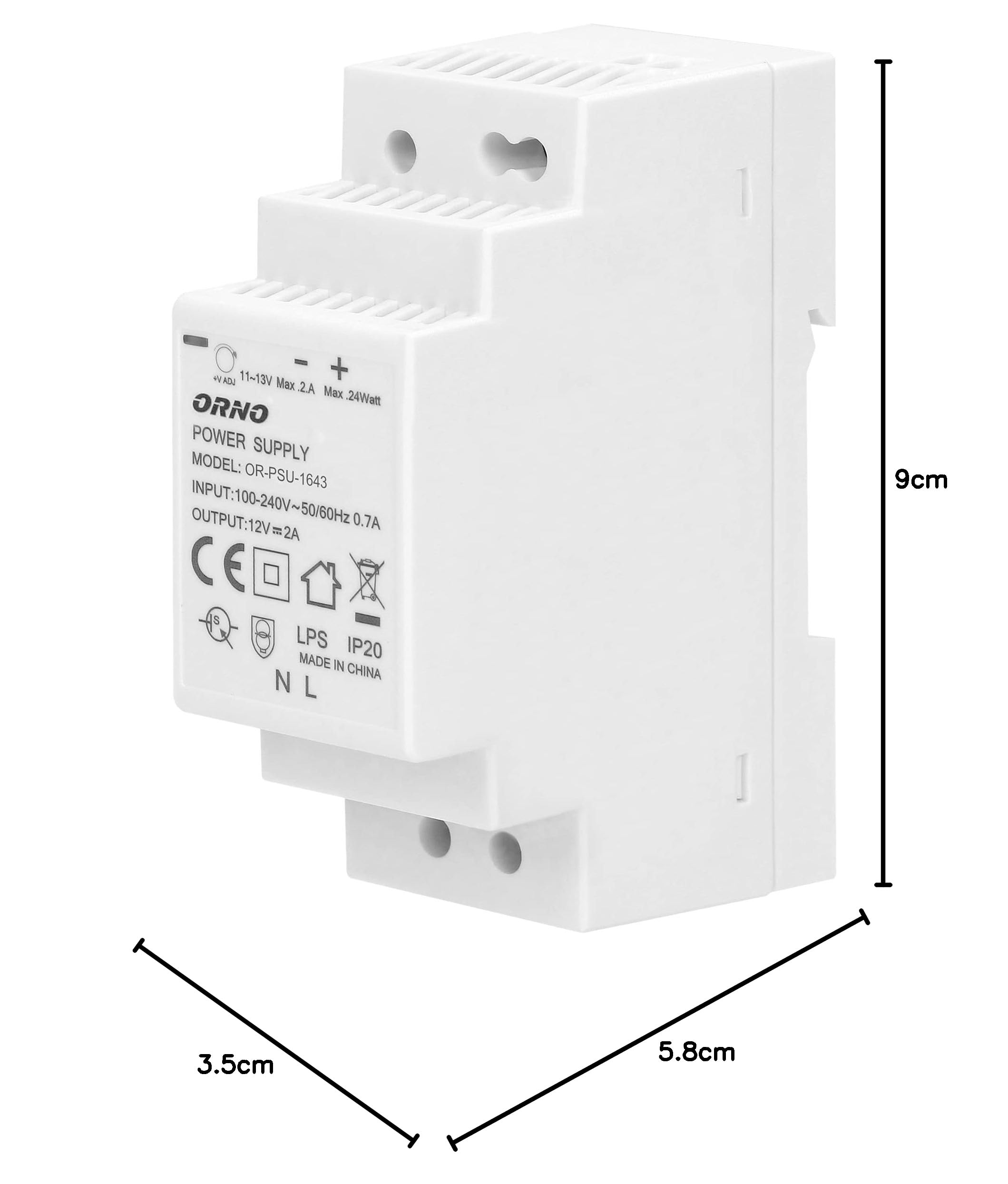 ORNO PSU-1643 Zasilacz na Szynę DIN TH35 12VDC / 2A / 24W Szerokość 2 Moduły