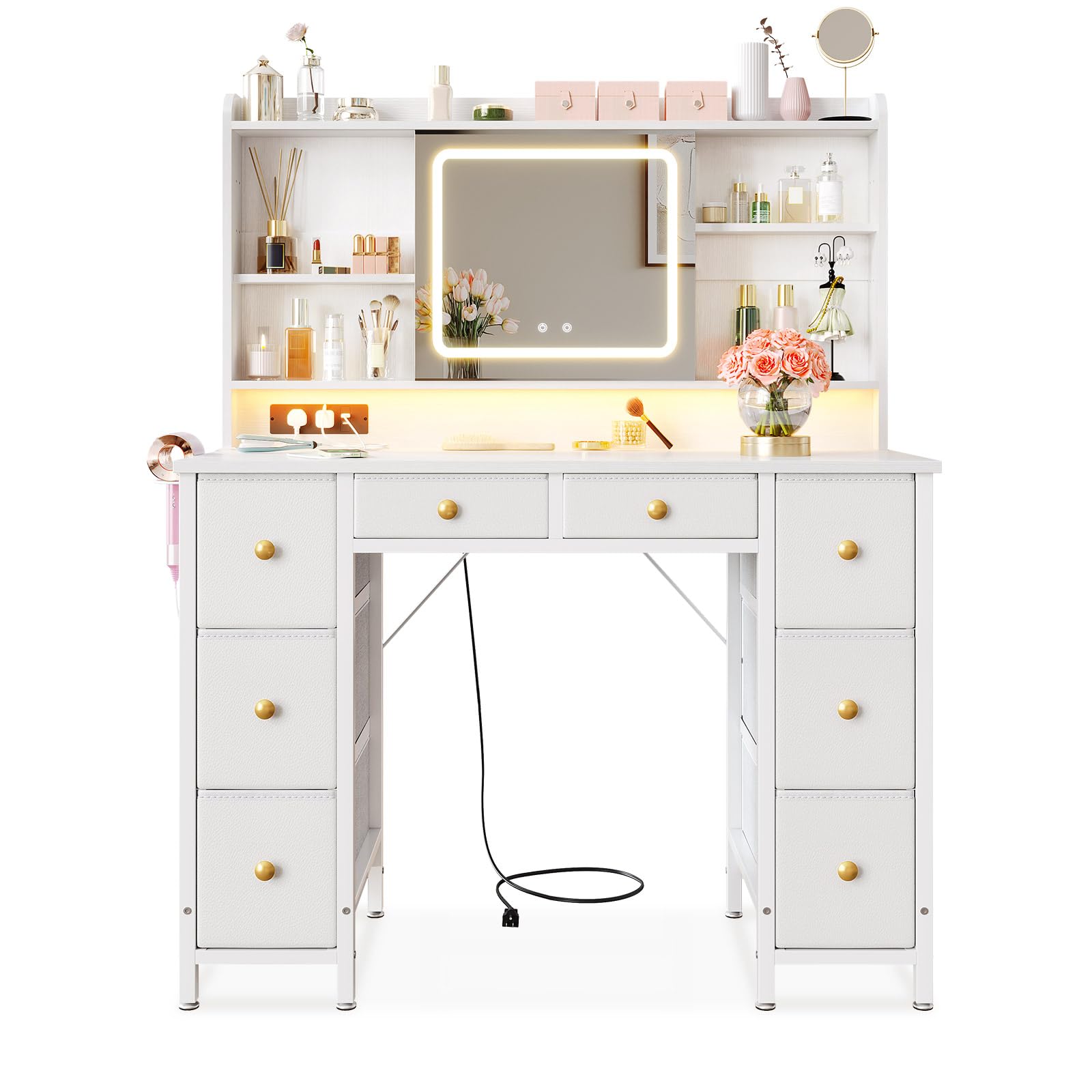 ODK Toeletta con Specchio LED Mobile, Tavolo da Toeletta con Prese | USB Incorporate & Striscia luminosa RGB, Tavolo da Trucco con 8 Cassetti, Scrivania da Trucco Bianca 110×40×137cm