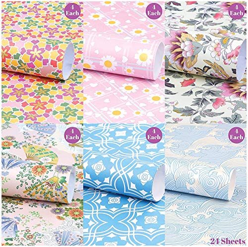 Uniqooo 24 Sheets Gold Silver Foil Japanese Gift Wrapping Paper, Origami Washi Kimono Pre-Cut Wrap Paper 27.5X17'', Thick Pastel 6 Design, For Christmas Birthday Baby Bridal Gift Box Packing Diy Craft #TOP6