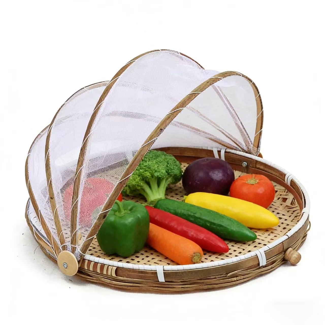 Cestino in bambù intrecciato a mano con copertura in rete, per coprire e servire il cibo, a prova di insetti, antipolvere, per pane, frutta e verdura, Bambù, Stile 3, Dia.30cm