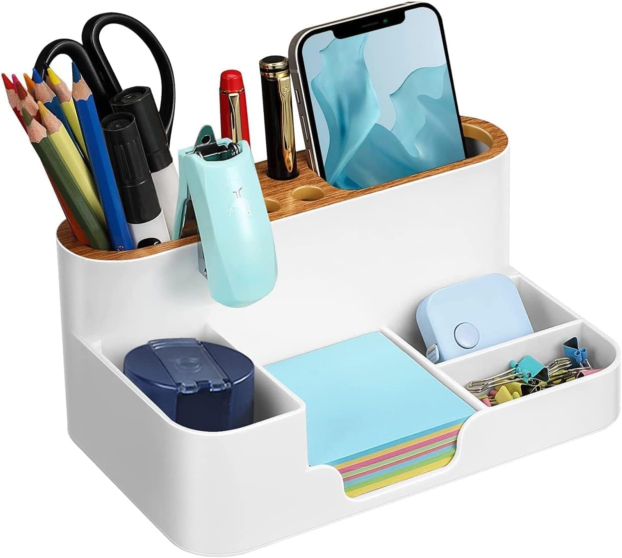 Joyzzz Desk Organizer, Multifunctional Office Storage with Pen Holders and Phone Stand, Desk Organizer for Home Office Accessories, Space-Saving Desktop Organizer for Stationery and Small Items