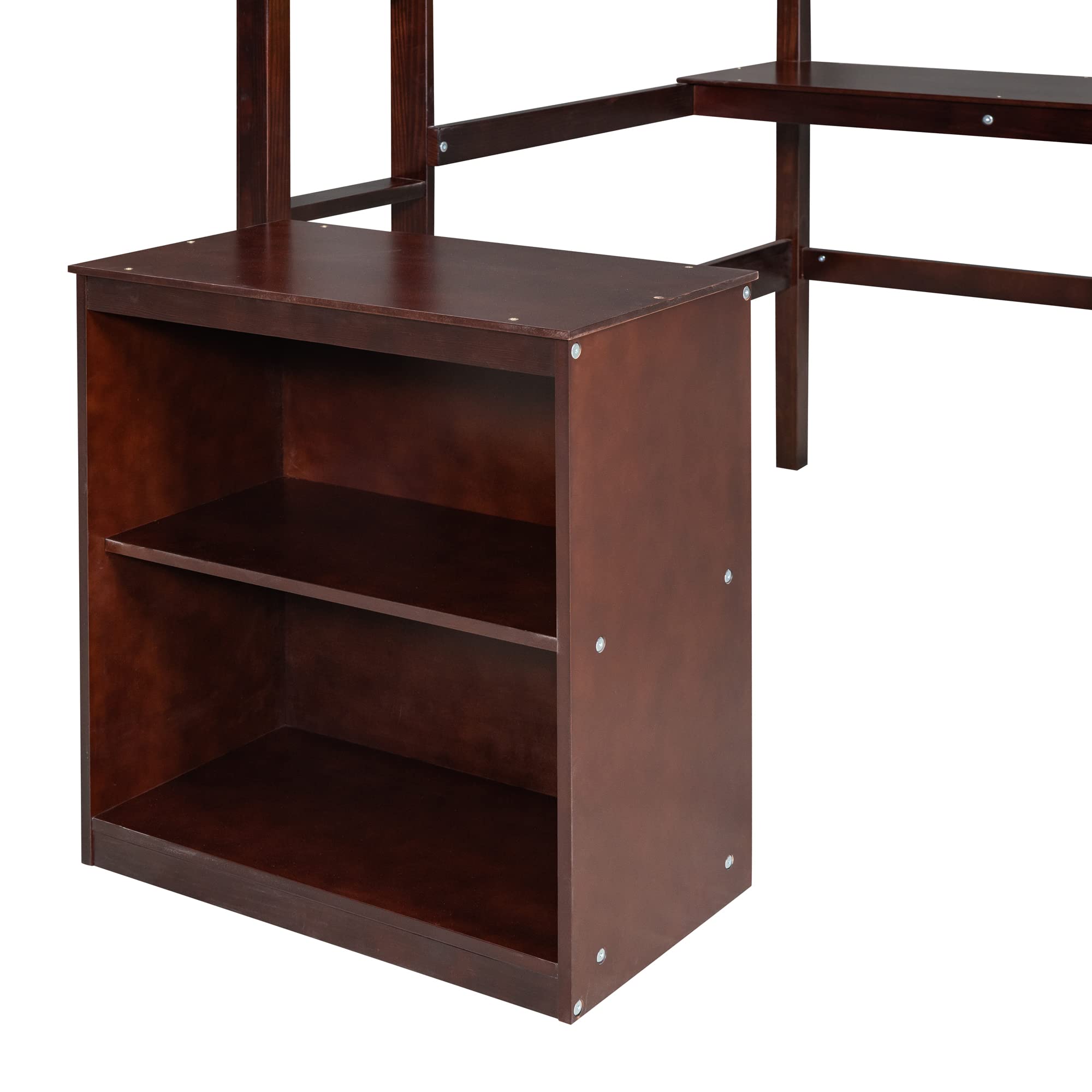 Angular view of the Polibi Full Size Loft Bed, showing the bed frame, integrated desk, and the separate two-shelf cabinet.