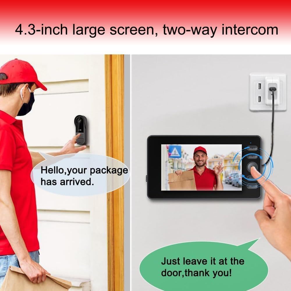 Sonnette Sans Fil Extérieure 1080P avec Caméra Écran IPS 4.3 Pouces Bluetooth Vision Nocturne Interphone Vidéo 120° Audio Bidirectionnel IP65