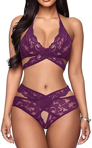 Donnalla Women Sexy Lingerie Set Two Piece Lace Bra and Panty Set Bralette Sleepwear - X-Large - Purple