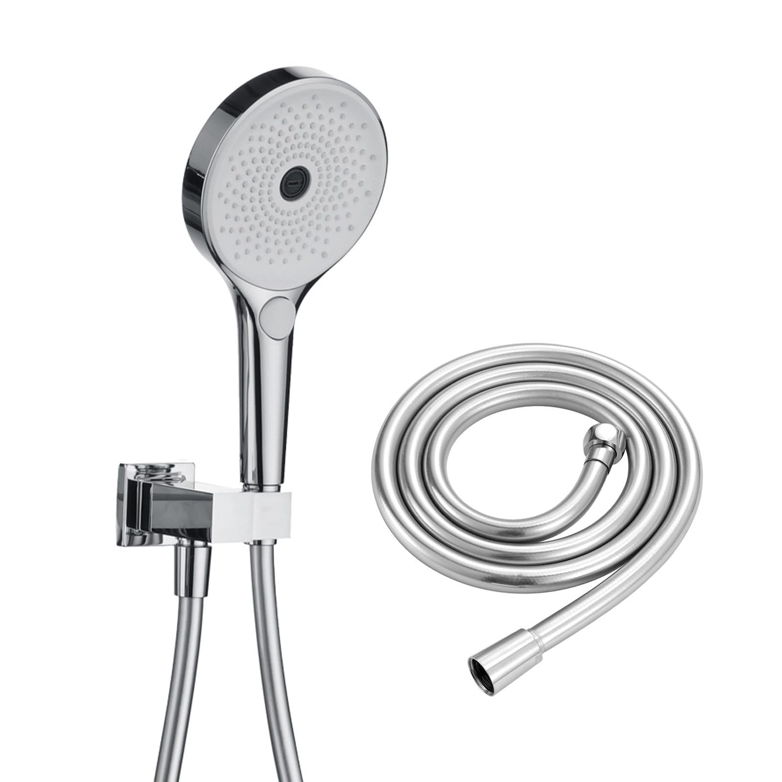 Cabezal de ducha universal de mano con manguera de 1,5 m, material ABS, 3 modos de pulverización, soporte giratorio de 360°, conector de pared, perfecto para uso en ducha y bañera.