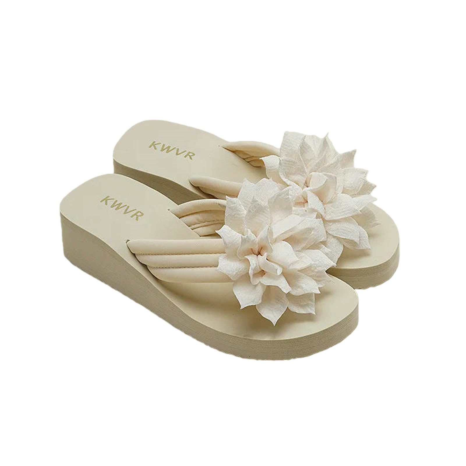 Gyios Flip Flops Men Sponge Cake Thick Sole Summer Women's Versatile Conch Anti-slip Sandals Beach Shoes-beige Flower-35