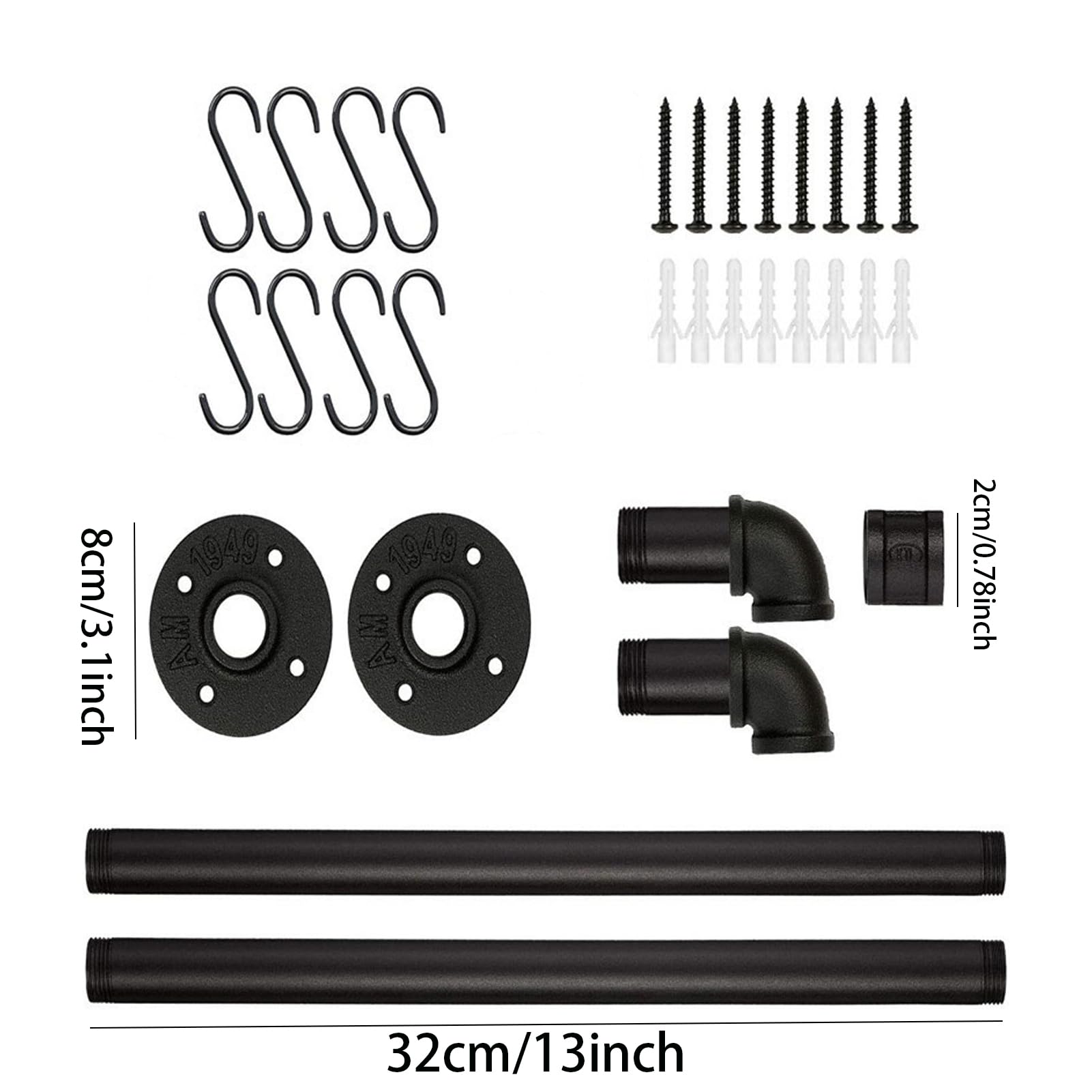 Estante de pared de 31 pulgadas, para utensilios industriales, colgador de pared, tubo de hierro, riel colgante de cocina con 8 ganchos en S para colgar sartenes, utensilios, utensilios de 5