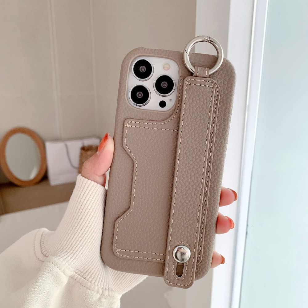 Coque iPhone 12 Pro Max antichoc grise avec motif litchi et sangle - 7