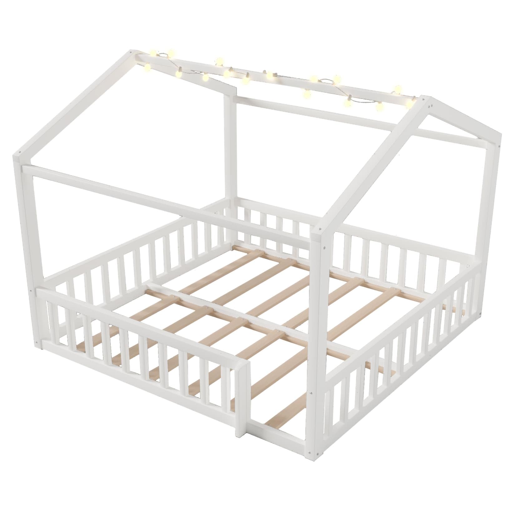 Lit Cabane 90x190cm*2/180x190cm en Pin,Lit au Sol Montessori 2 Places avec Éclairage LED,Barrières Hautes,Sommier à Lattes Robuste,pour Garçons Filles(Blanc 2, 90x190)