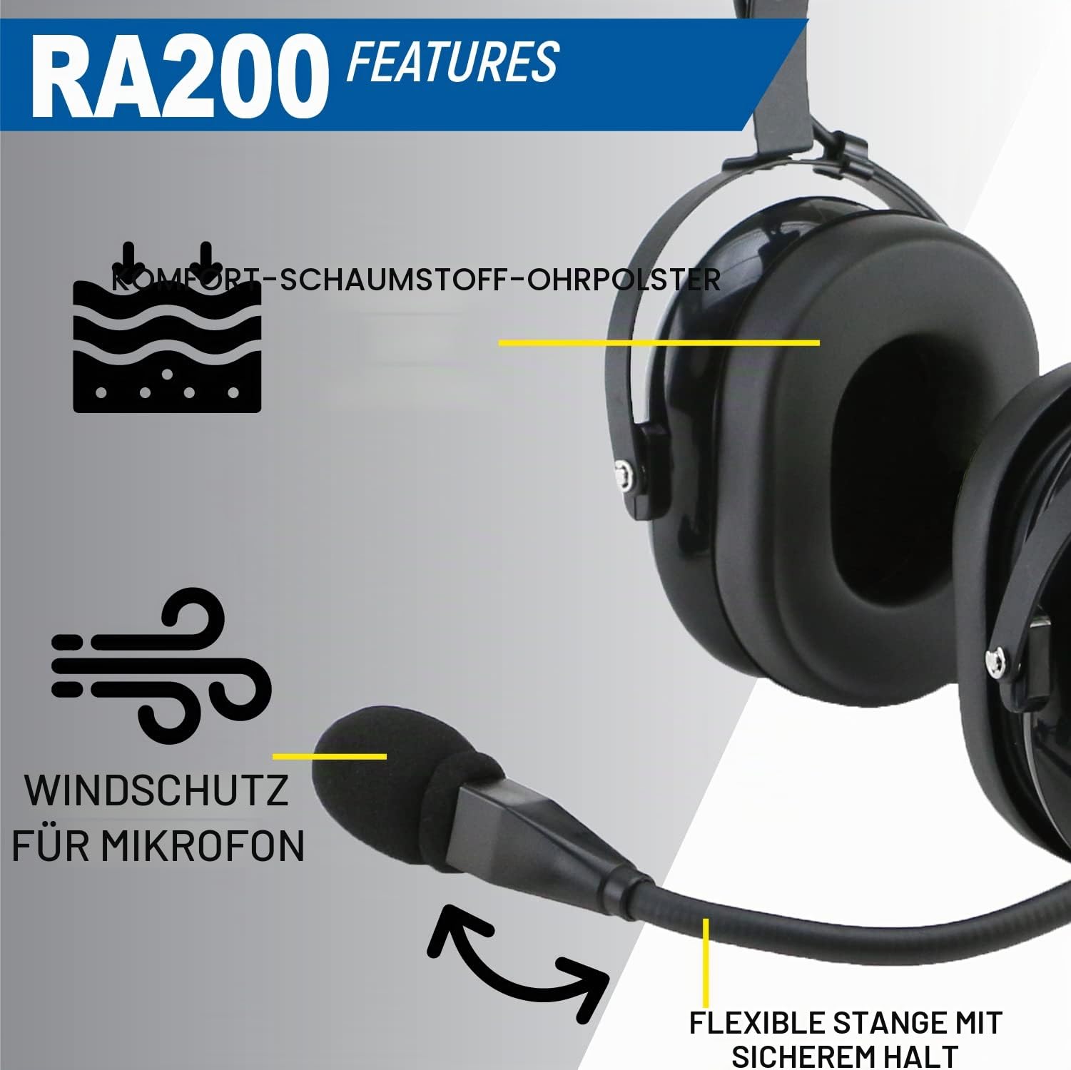Rugged. Air RA200 General Aviation Headset für Studentenpiloten, mit passiver Geräuschreduzierung, verstellbarem Kopfbügel, Vollflex-Mikrofonarm und Headset-Tasche