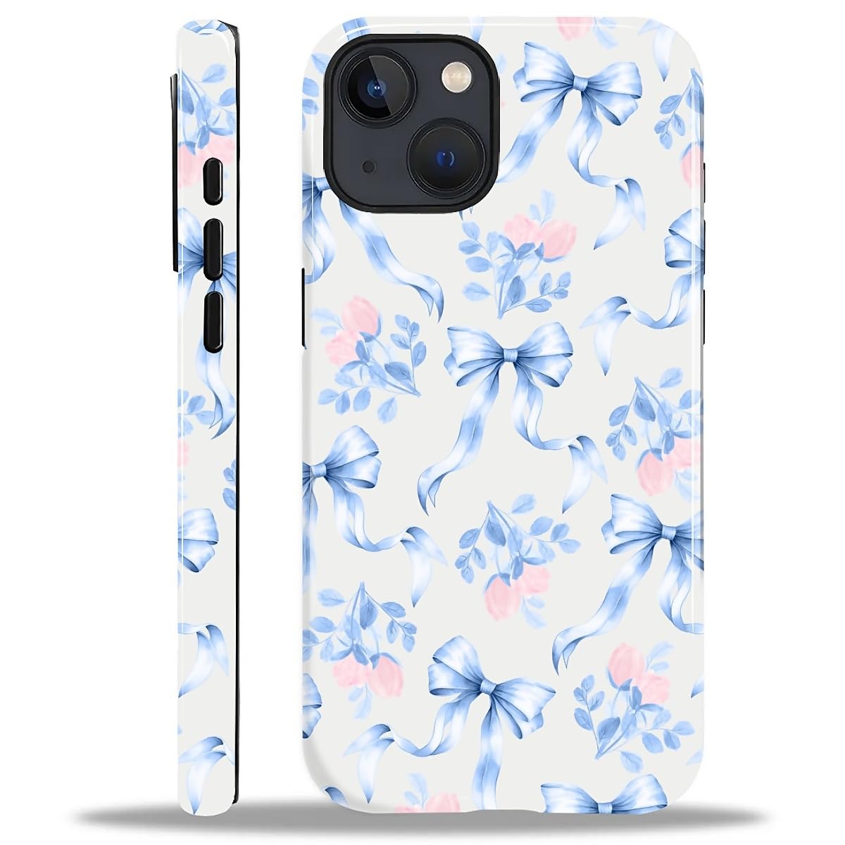 DAIZAG Compatible with iPhone 15 Plus Case,L2 Aesthetic Blue Bow Pink Flower Dual Layer Shockproof Protective Hybrid Case