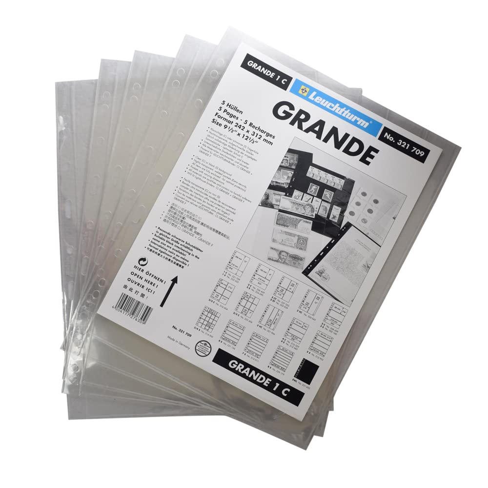 Lighthouse Grande Plastic Pocket Sheet for Currency Note & Stamps with 1-Way Division - Clear | 240 x 312 mm | Pack of 5