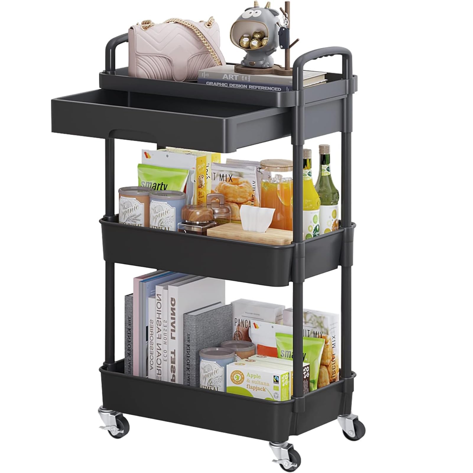 ANTOLE 3-Tier Rolling Utility Cart with Drawer,Multifunctional Storage Organizer Storage Cart with Wheels Handle,Movable Storage Shelves Trolley for Kitchen Bathroom Bedroom Office (Black)