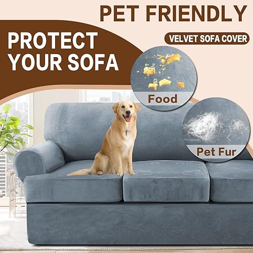 Miniatura 3 de Juego de 4 fundas de terciopelo para sofá con cojín en forma de T, funda elástica para sofás de 3 plazas, incluye 3 fundas de cojín en T, protector