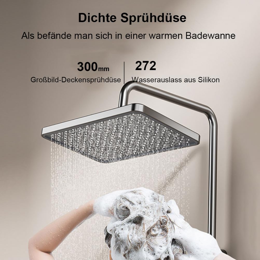 Saliscendi Doccia 4 Tasti, soffione Quadrato per Bagno Domestico | Finitura metallo grigio metallizzato, 4 modalità acqua a tasti,Soffione quadrato, altezza regolabile per bagno casa