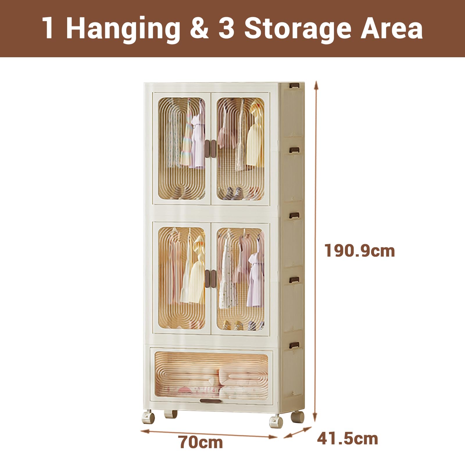 Armoire Pliante Portable, Commode Pliante en Plastique avec Tringle à vêtements, penderie à Double Porte, Armoire Multifonction Pliable avec roulettes (2 suspensions + 1 Rangement)