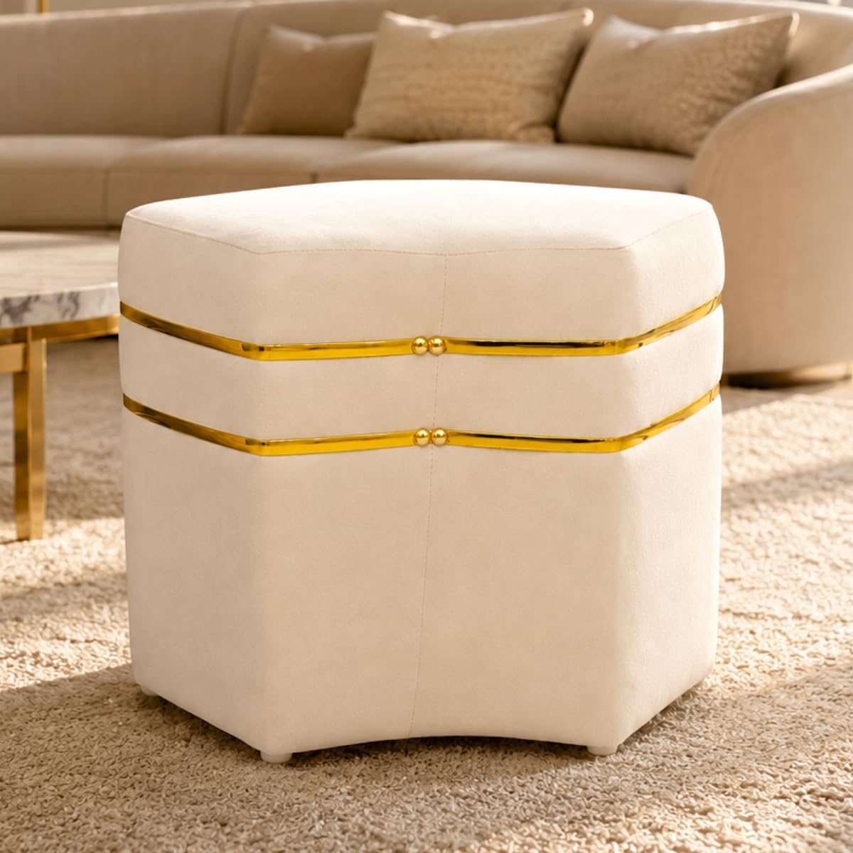 Luxury Velvet Puffy Ottoman Stool for Living Room, Bedroom & Dressing Table | Modern Foot Rest, Vanity Seat, Accent Pouffe with Gold Metal Design | Soft Cushioned Seating-image-35