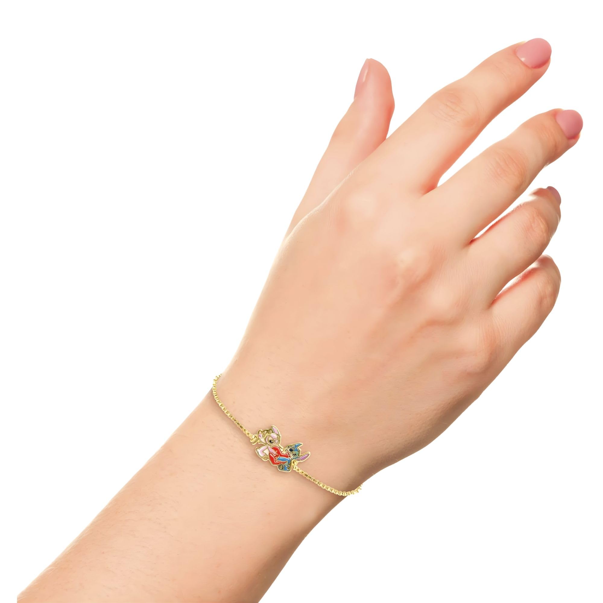 Disney Womens Stitch and Angel Heart Lariat Bracelet Official License, 18kt Gold Flash Plated, Mother's Day Gifts