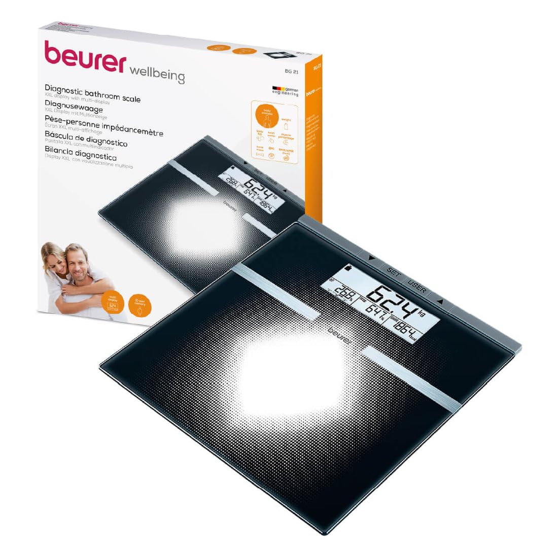 Beurer BG21 - Báscula de baño diagnóstica de cristal, pantalla LCD dos línea s, memoria para 10 usuarios, color negro