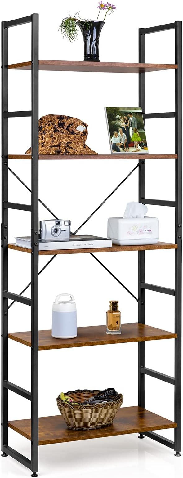 Amoak 5-Tier Bookshelf,Rustic Wood and Metal Standing Bookcase for Home Office Bedroom,Easy Assembly,Industrial Vintage Book Shelf Unit, Open Back Modern Office Bookcases