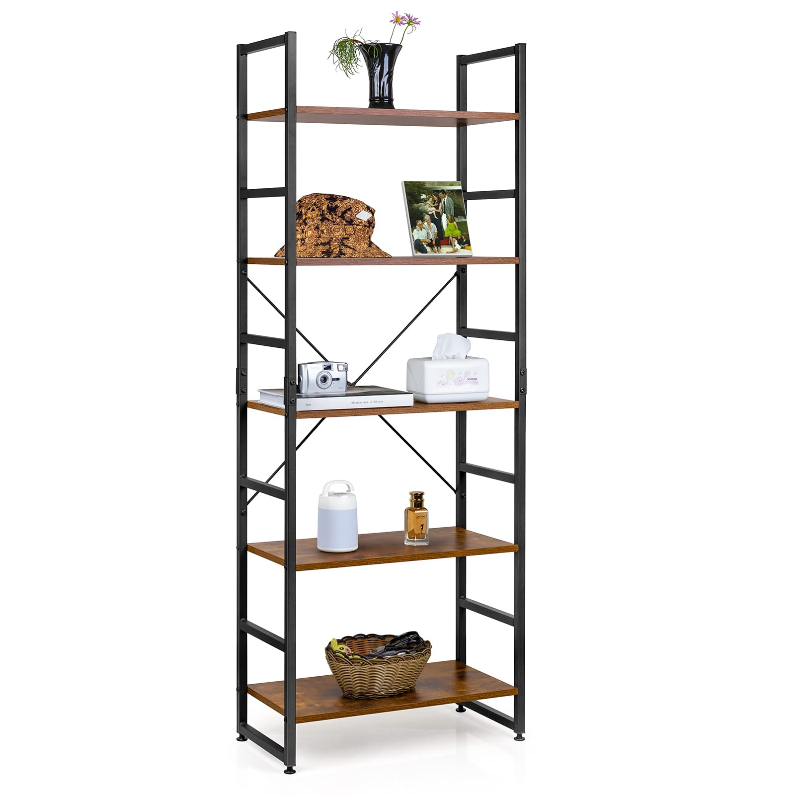 Buy Amoak 5Tier Bookshelf ,Rustic Wood and Metal Standing Bookcase for