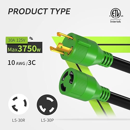 Miniatura 2 de RVMATE Cable de extensión para generador de 3 clavijas y 30 amperios, 20 pies, NEMA L5-30PL5-30R 125V SJTW Jacket