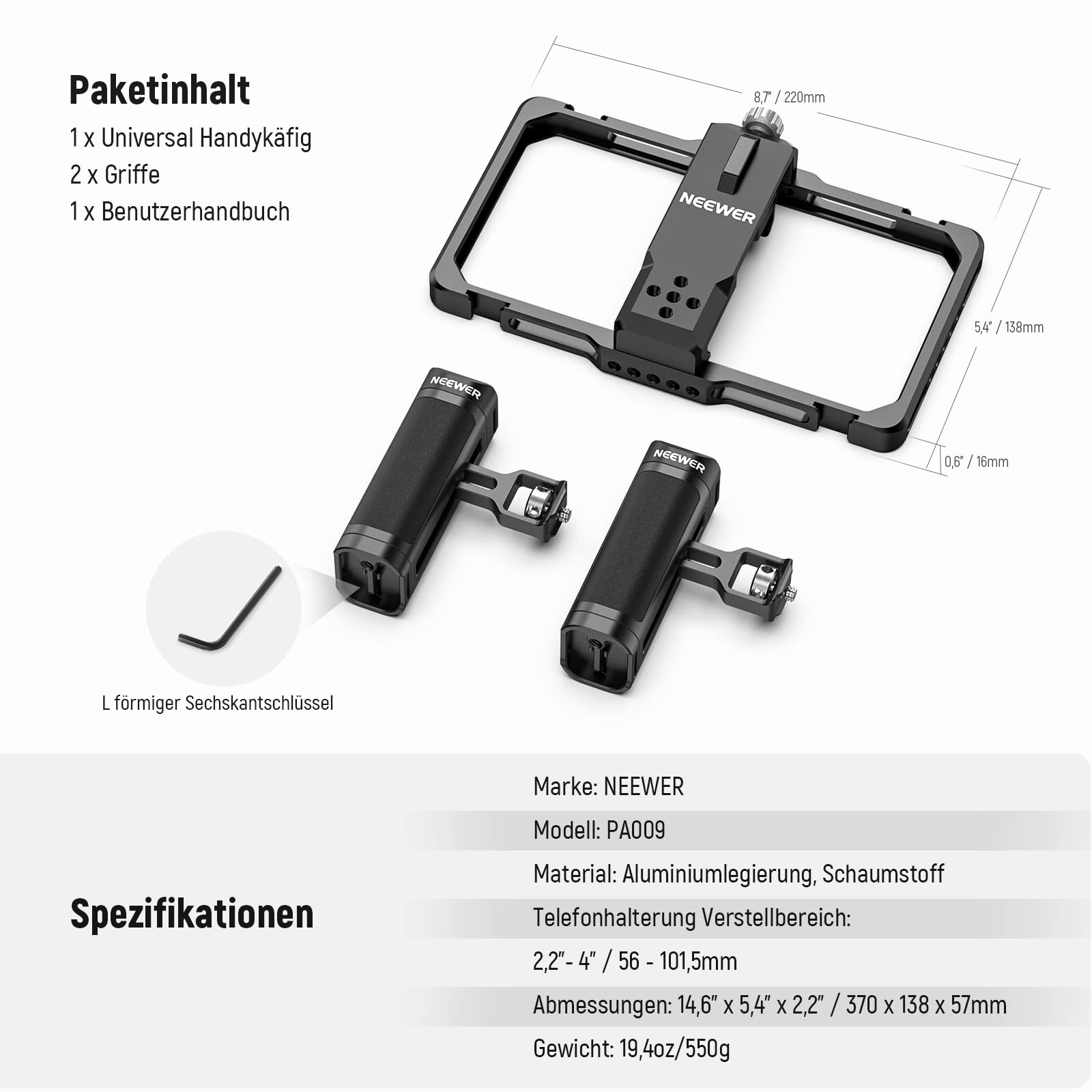 NEEWER Verbessertes Smartphone Rig Vlogging Kit, Videostabilisator, kabelloser Mikrofonclip Steckplatz für TikTok YouTube, kompatibel mit SmallRig iPhone 17 Pro Max 16 16e 15 Galaxy S25 Ultra, PA009